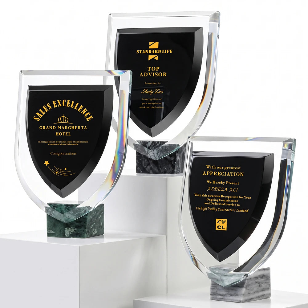 Jade Vertu JC-6008 Custom Black Crystal Trophy Shield Plaque Award Personalized Engraved Green Marble Base Eco-Friendly Modern