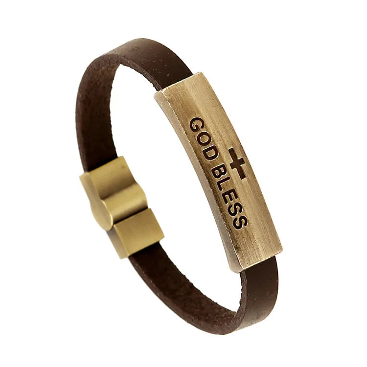Men Religion Vintage Bangle Christian Jewelry God Bless You Letter Cross Leather Bracelet with Custom Engraved Logo