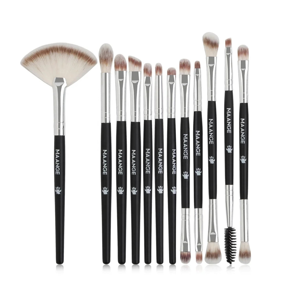 For MAANGE 12-Piece Black Mini Fan Brush Set Professional Travel Makeup Brushes with Private Label Eye Shadow & Make up Gift