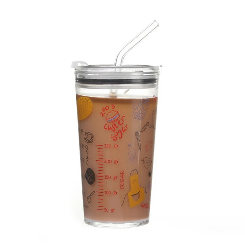 500ml Single Wall Glass Cup Clear High Borosilicate Glass Cup with Lid and Straw