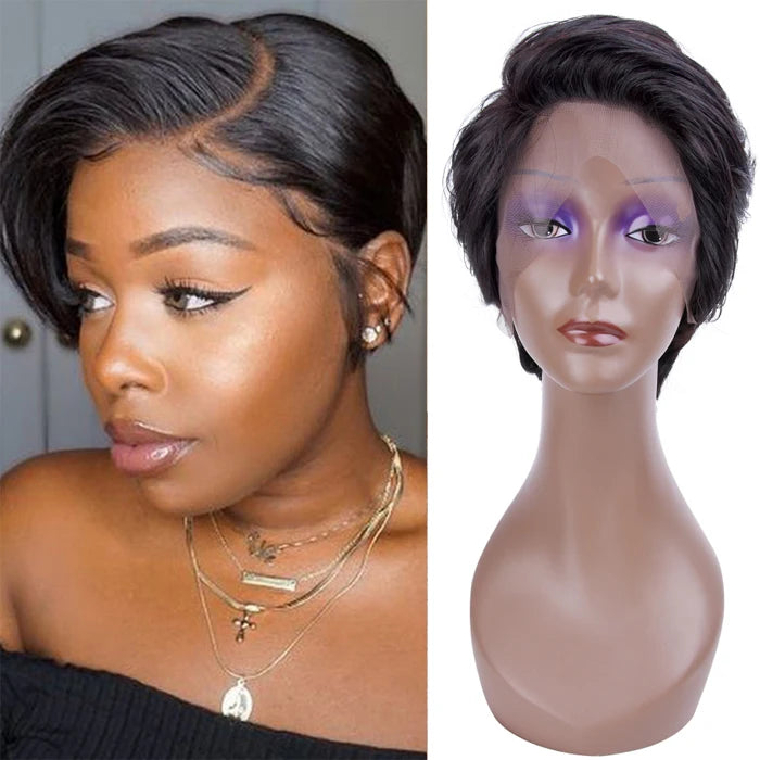 Cheap Black Ladies Short Cut Afro Human Hair Pixie Lace Front Wig for Black Women with Short Forehead Glueless Short Hair Wig