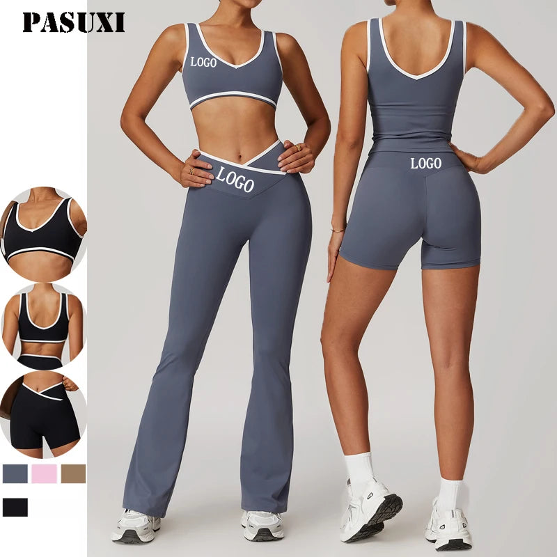 PASUXI Custom LOGO 4 Pcs Suit Sports Clothes Women's Athletics Fitness Yoga Wear Workout Clothing for Woman Gym Fitness Sets