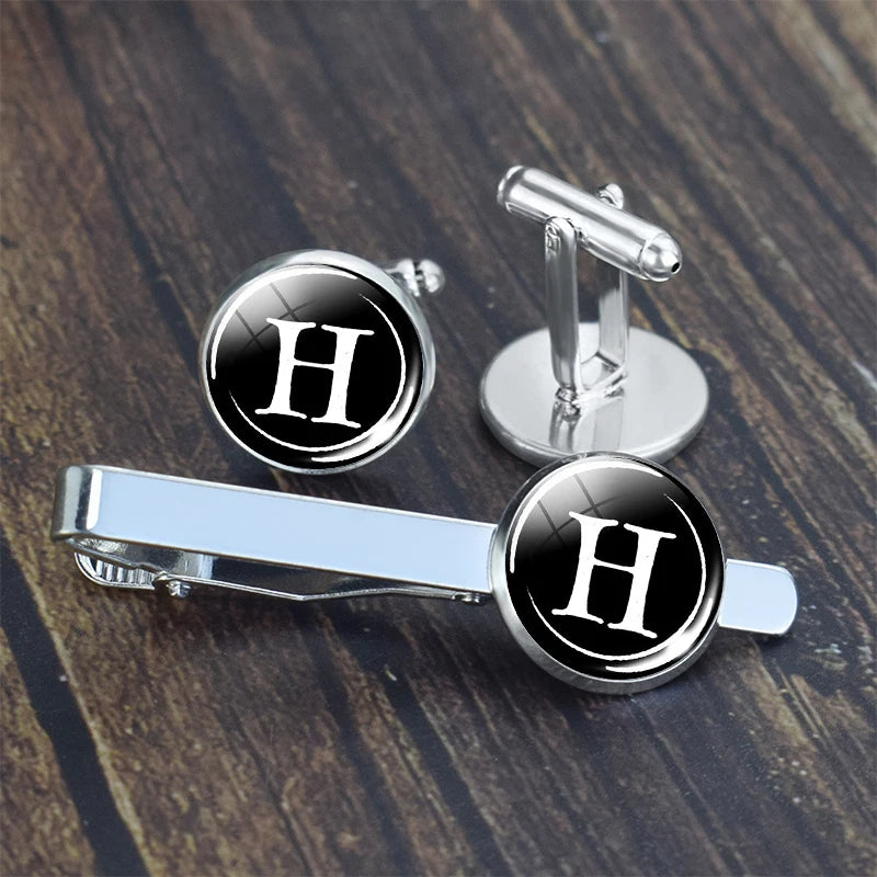Personalized Alphabet A-Z  Cufflinks and Tie Clip Set With Gift Box Good Quality Initial Letter Cuff Links for Men