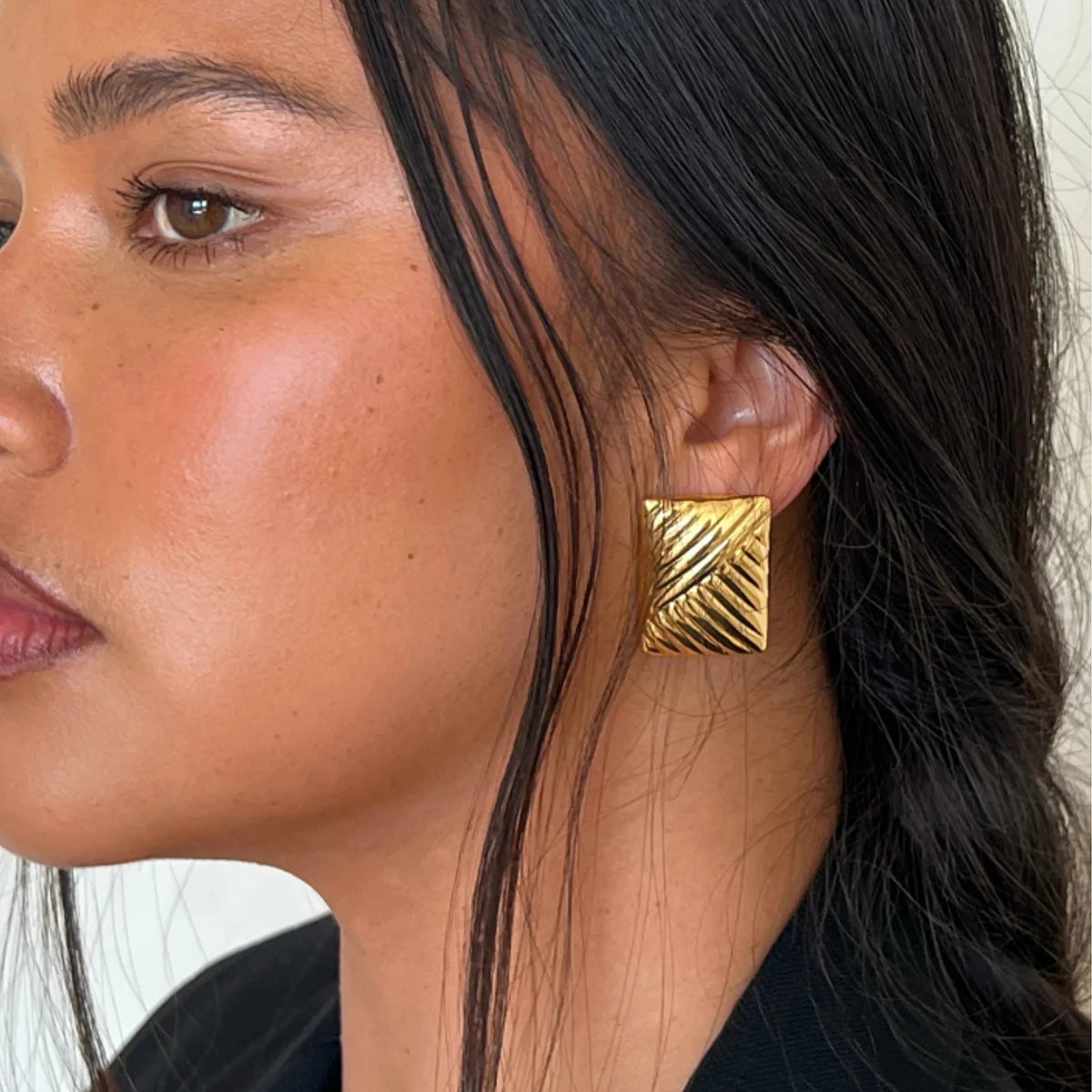 J&D Minimalist Gold Plated Earrings Earrings Stainless Steel Striped Symmetrical Rectangle Big Earrings