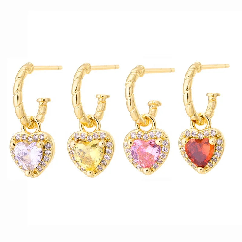 Free Samples Tendy 18K Gold Plated Classic Drop Earrings for Women Girls with Copper Bling Rhinestone Zircon Heart Shape Fashion