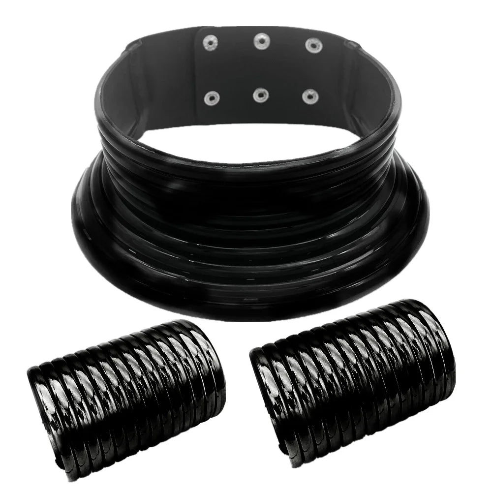 Hot Sale Black Color Trendy African Jewelry Set Statement Chunky Leather Choker Necklace Adjustable Round Cuff Bracelet 3Pcs/Set
