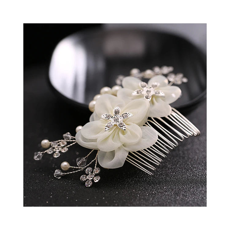 Luxury Bridal Hair Accessories Wedding Hair Comb Silver-tone Rhinestone Artificial Flower Hair Comb Wedding Headpiece