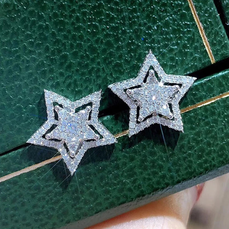 CAOSHI Double Five-pointed Star Fashion Jewelry Earrings 3A Zirconia Girls Ladies Silver Plated Hollow Stud Star Earrings Woman