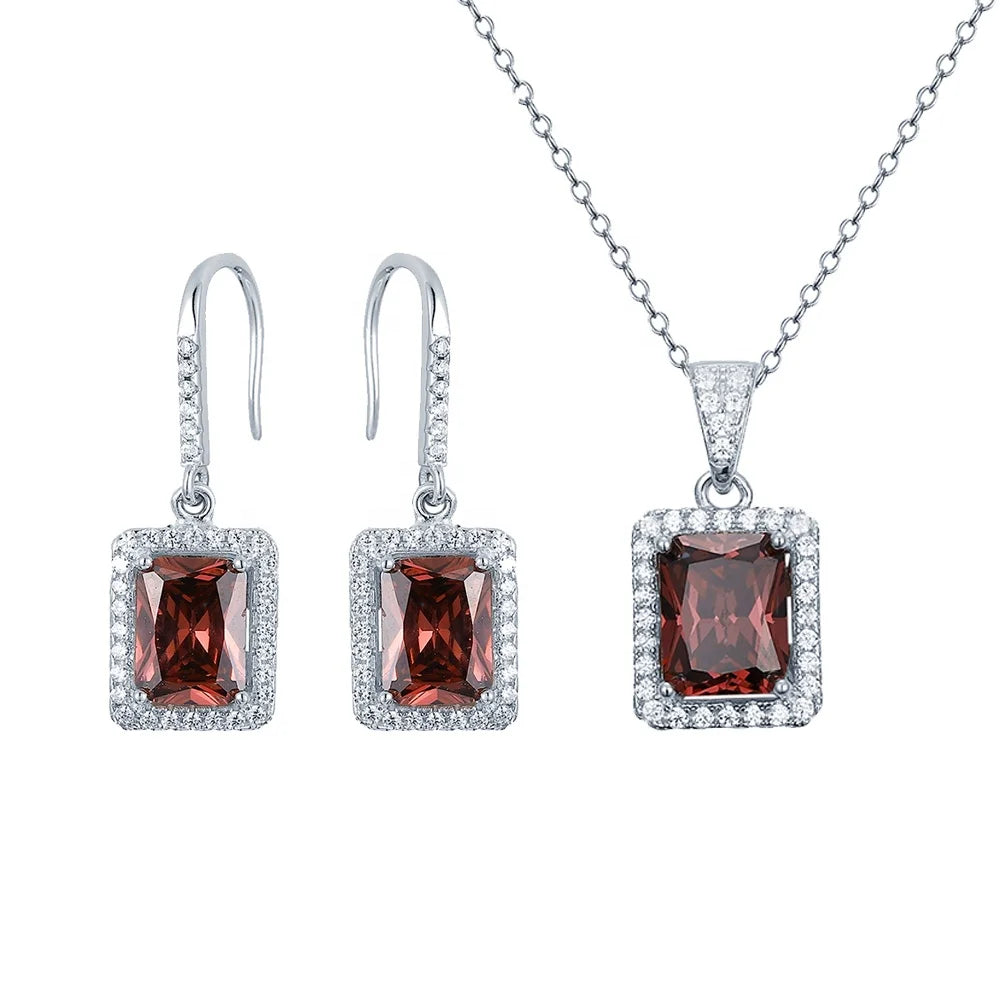 New Arrival Rhodium Plated S925 Sterling Silver Radiant Red CZ Gemstone Jewelry Set Fashion Earrings Necklace Set for Women