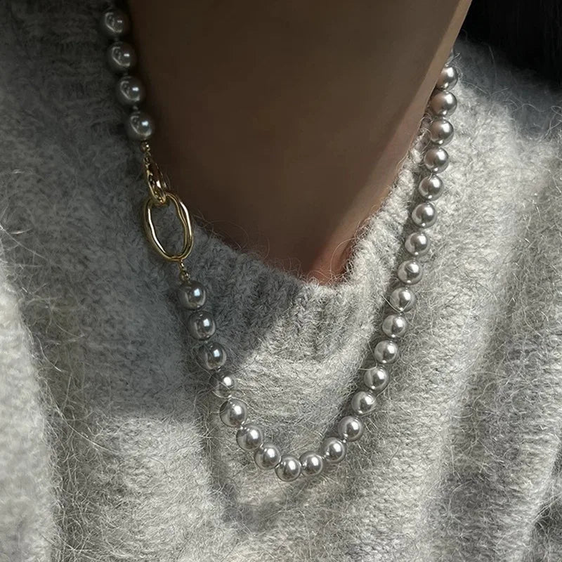 Zooying Grey Pearls Beaded Necklace Beautiful Gray Pearls Necklace for Women and Men