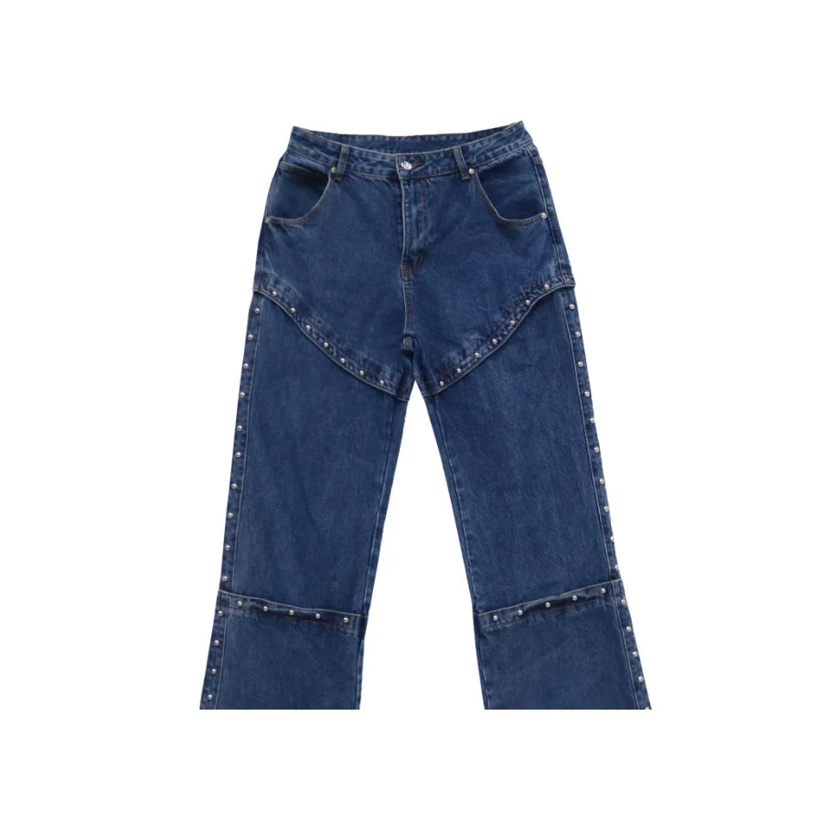 Custom Men Denim Light Wash Mid Waist Casual Breathable Letter Hole Washed Regular Fit Double Knee Straight Studs CARPENTER