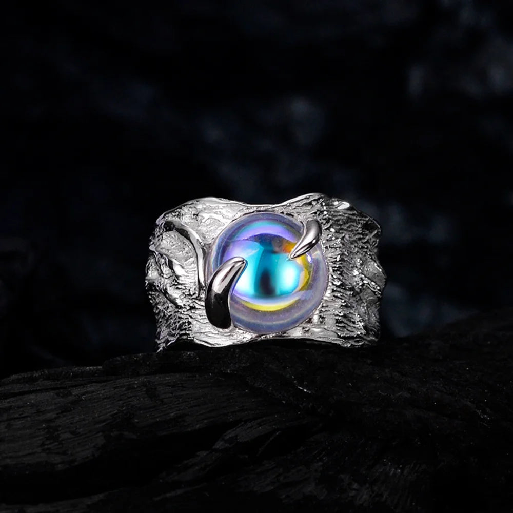 Fine Jewelry Irregular Texture Ring Women's Colorful Moonstone Ring 925 Sterling Silver High Quality CLASSIC Gemstone Rings 5.8g