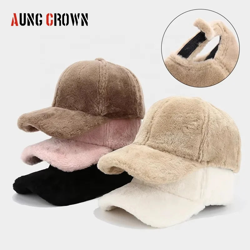 2025 New Fashion Luxury Furry Winter Blank Plain Gorras Baseball Cap Womens Hat Faux Fur Baseball Cap with Magic Sticker