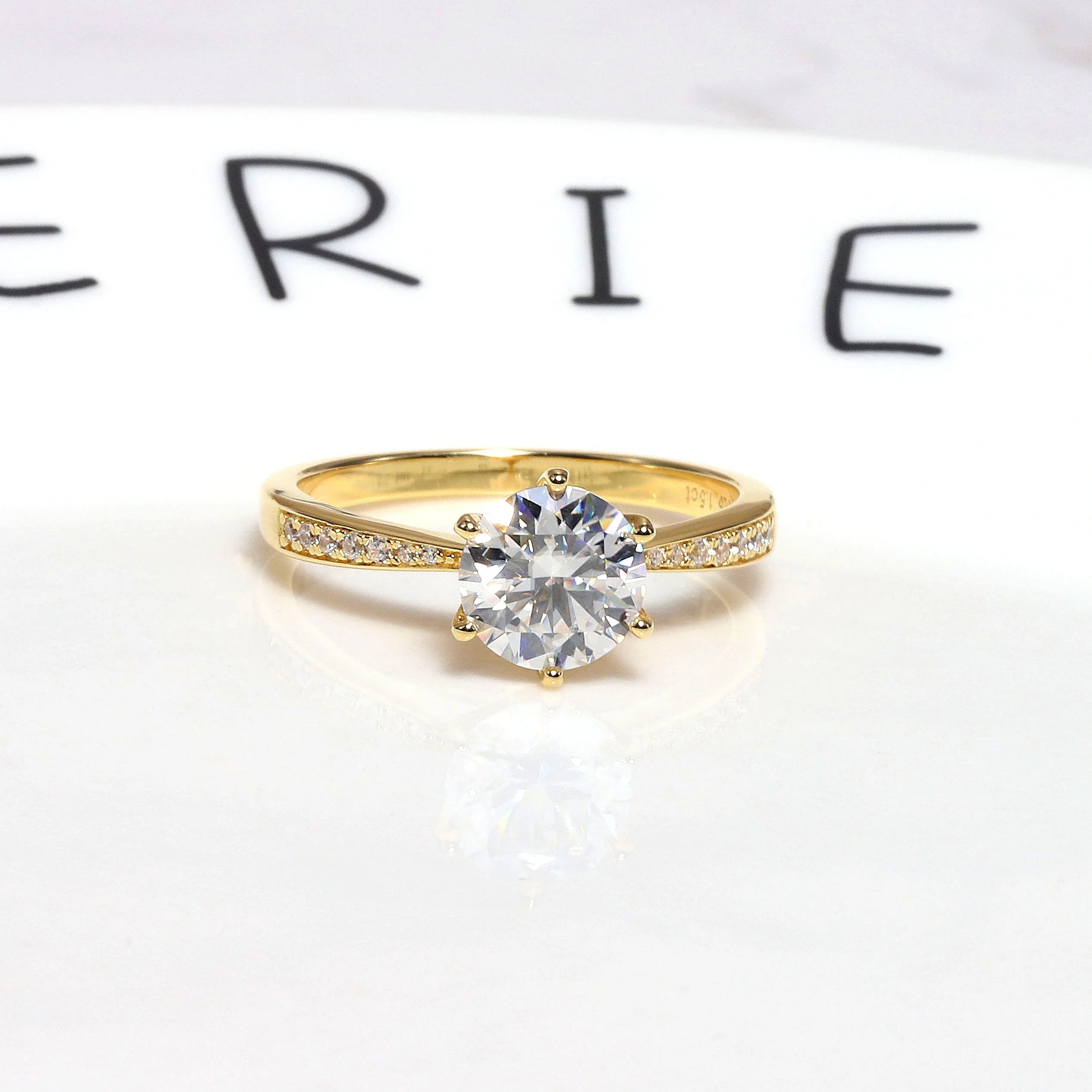 M21C Abiding Gra Certified 1.5 CT Moissanite Diamond 925 Sterling Silver Gold Plated Ring for Marriage Wedding