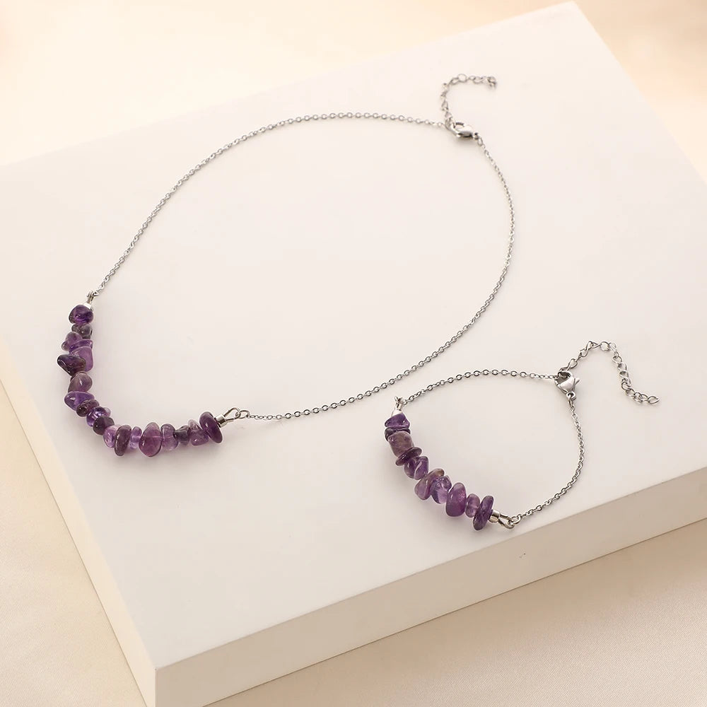 Gravel Natural Stone Chip Beads Necklace and Bracelet Jewelry Set Stainless Steel Chain Irregular Amethysts Crystal Necklace