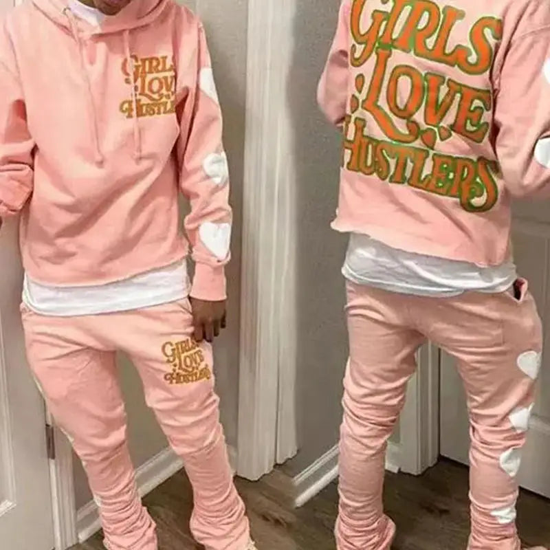 Men's Top Fashion Custom Flared Sweatpants and Cropped Hoodie Set 100% Cotton Streetwear Raw Hem Screen Printing for Winter