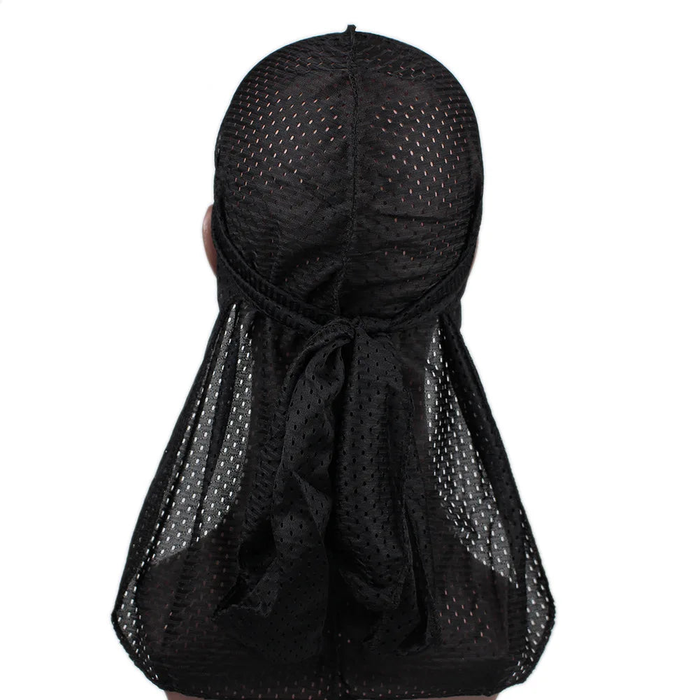 Wholesale Active Wear Mesh Cap Lightweight Breathable Long Tail Mesh Durag Sports Head Wrap for Workouts and Fitness