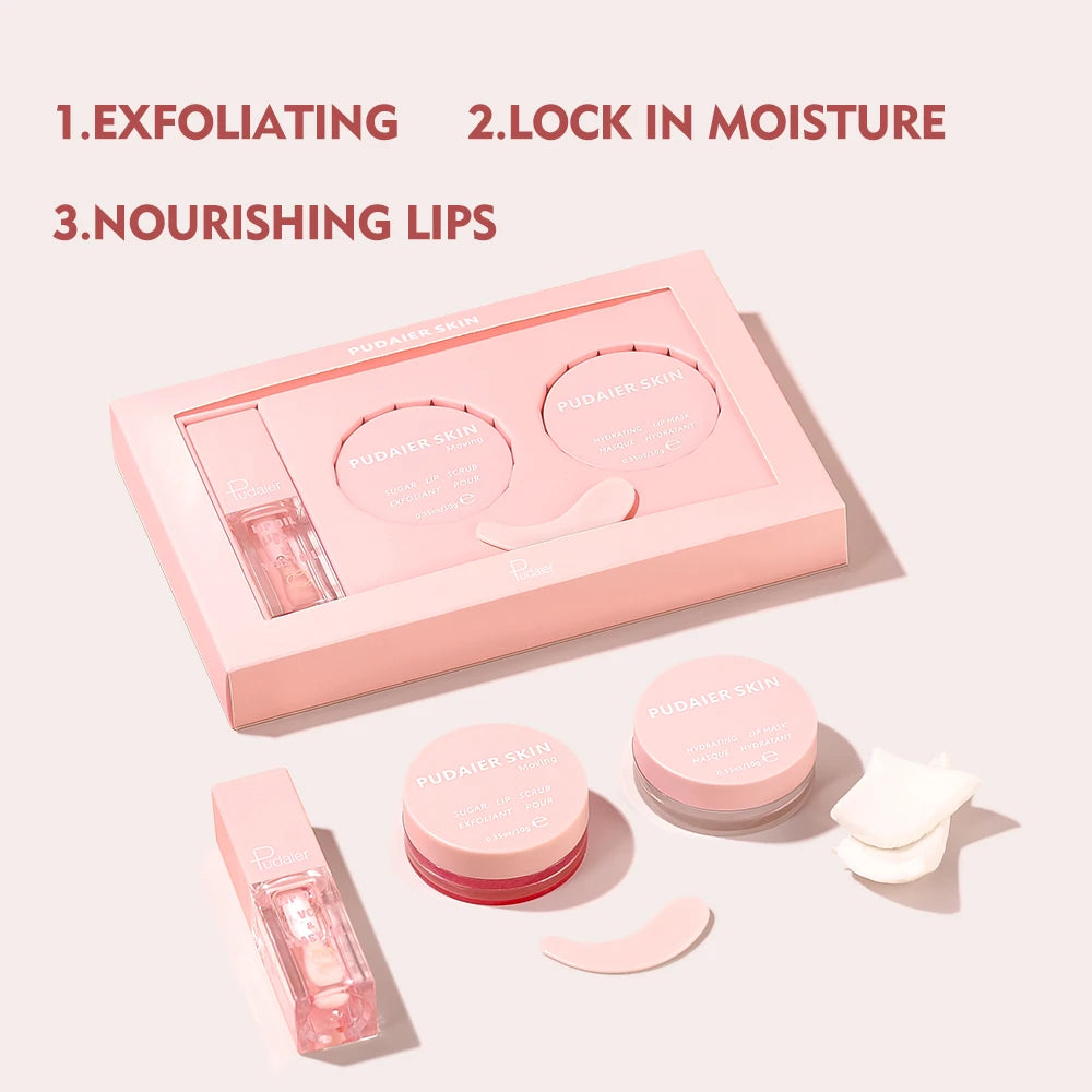Pudaier 3 Pieces Sugar Lip Scrub and Balm Set Lip Scrub Mask Long Lasting Private Label Lip Oil