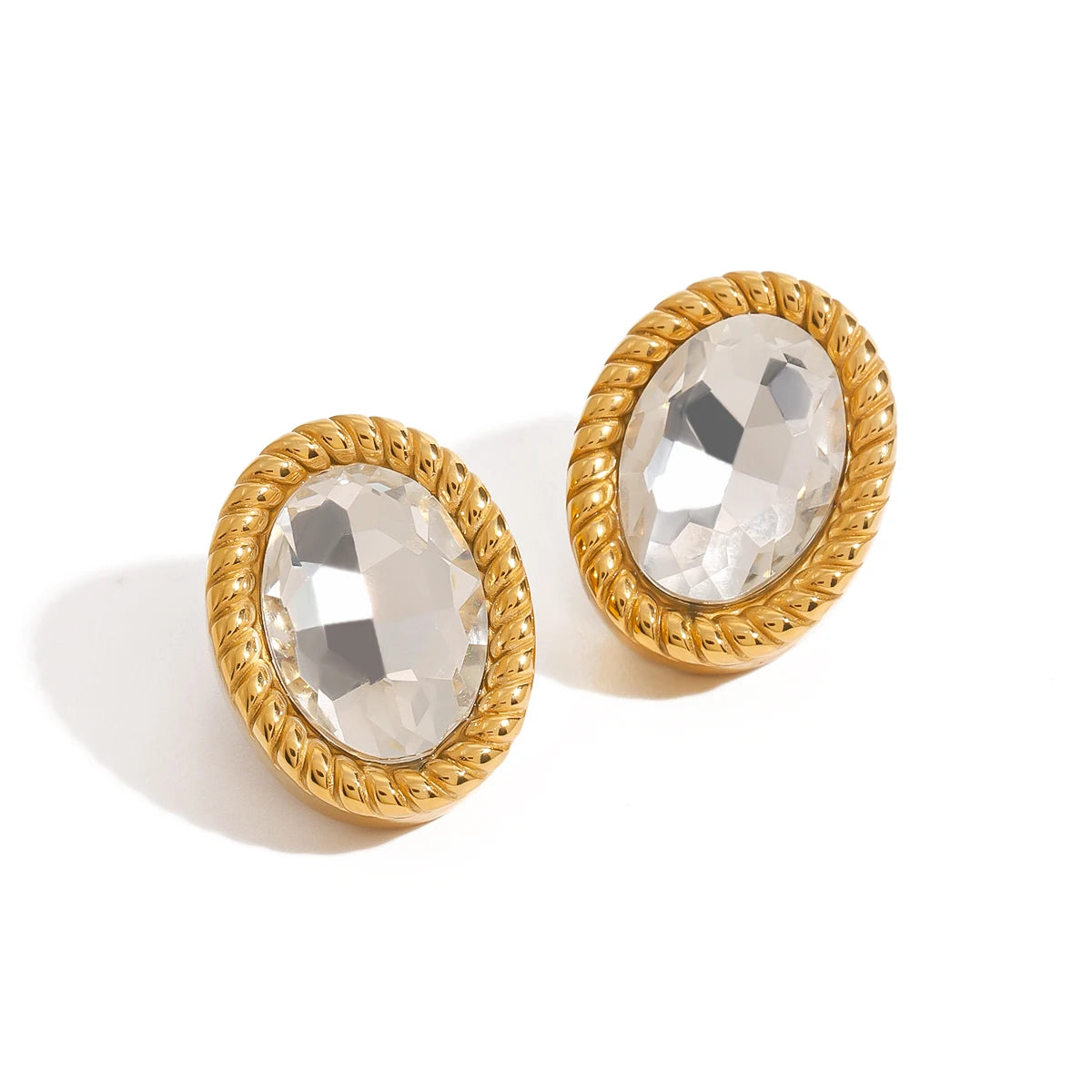 J&D 18K PVD Gold Plating Stainless Steel Sophisticated Statement Crystal Oval Glass Stone Earrings