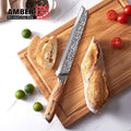 Amber Damascus Steel Serrated Bread Knife Olive Wood Handle Hammered Pattern Kitchen Knife