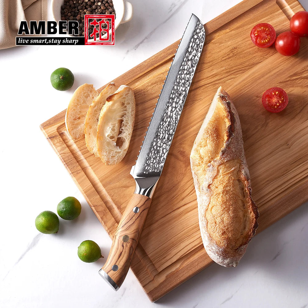 Amber Damascus Steel Serrated Bread Knife Olive Wood Handle Hammered Pattern Kitchen Knife