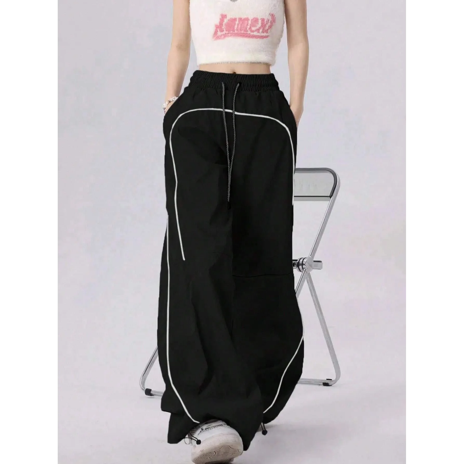Sporty Striped Track Pants Street Style Adjustable Cinch Baggy Women' Sweat Pant Track Pant Elastic Waistband Trouser for Women