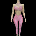 8colors Plus Size Night Club Bodysuit Pink Rhinestone Sexy Transparent Bodysuit Long Sleeve Bodysuit Shapewear for Women