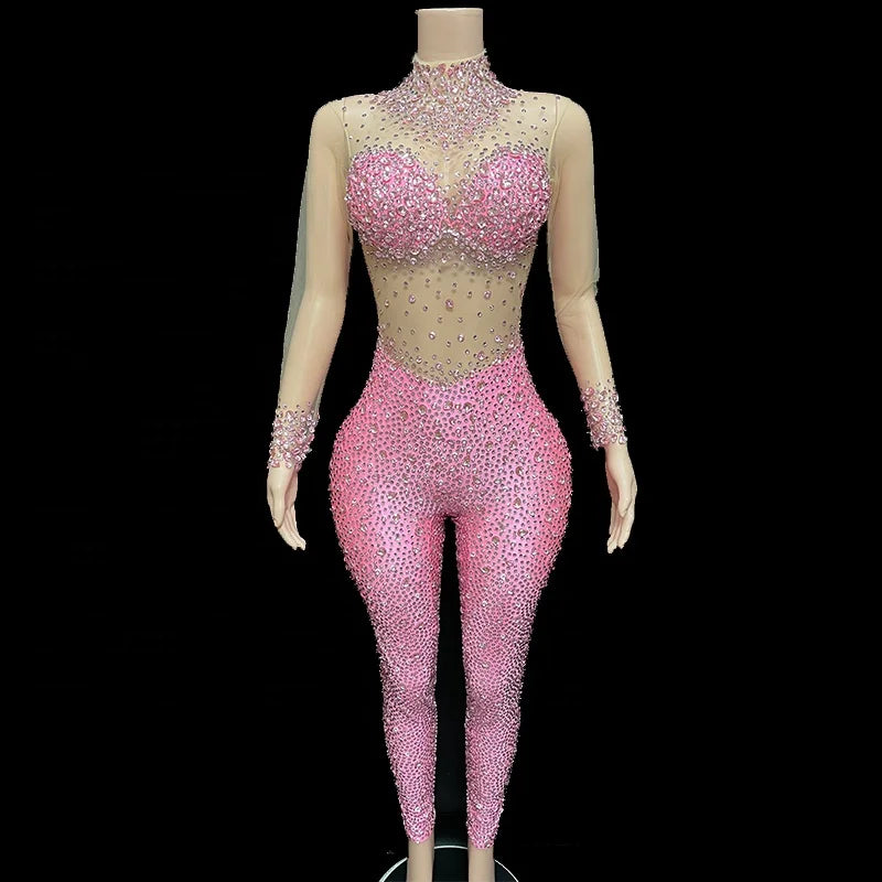 8colors Plus Size Night Club Bodysuit Pink Rhinestone Sexy Transparent Bodysuit Long Sleeve Bodysuit Shapewear for Women