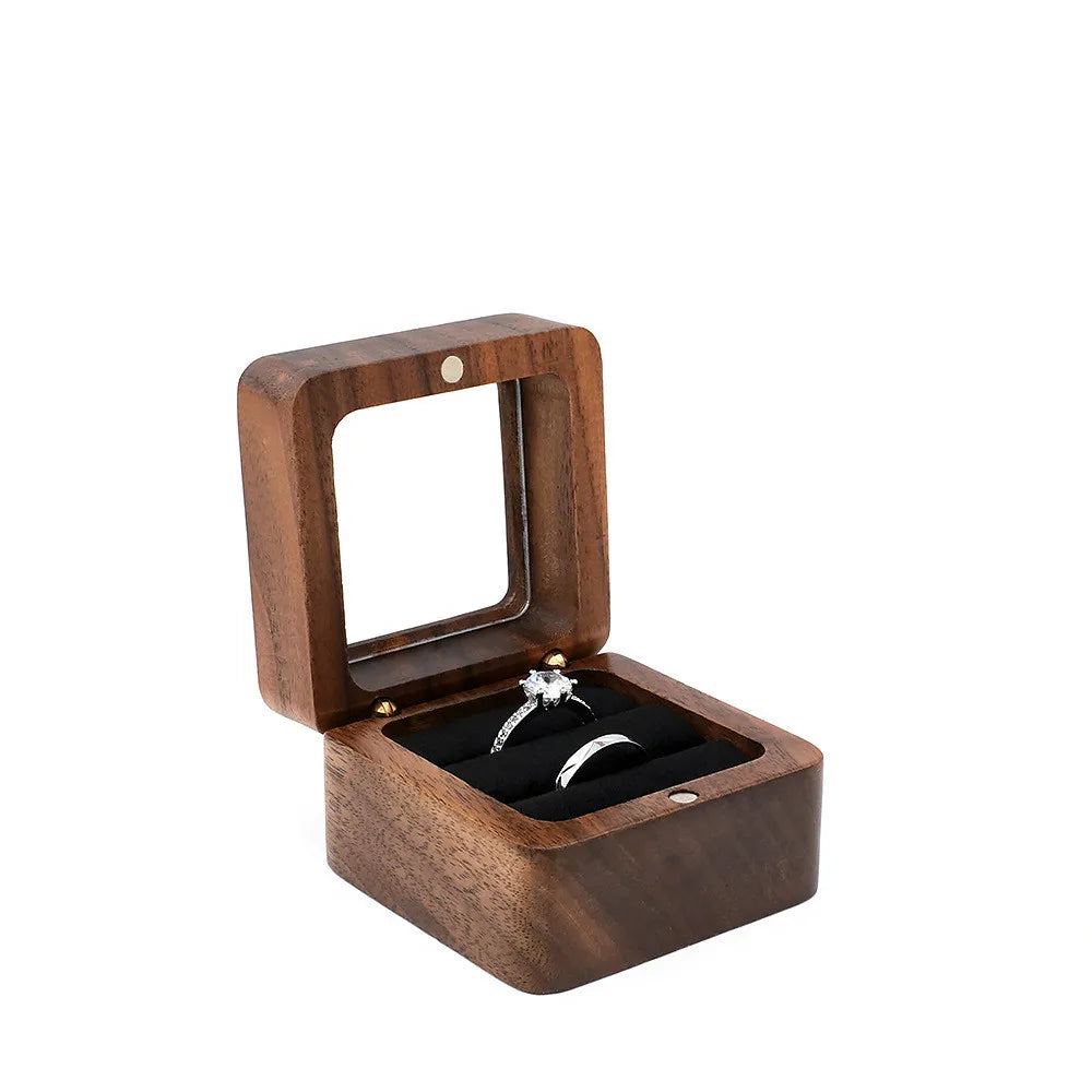Travel Mini Transparent Wooden Double Ring Box