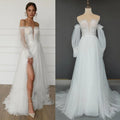 10452#Ivory Sexy Strapless Backless A-Line Boho Princess Satin High Slit Sweep Train Lace Wedding Dress Wedding Bridal Gown