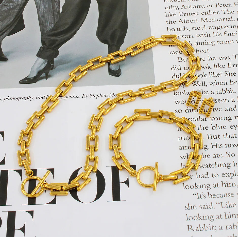 Simple OT Buckle Chain 18k Gold Plated Stainless Steel Necklace Bracelet Earrings Jewelry Sets for Women