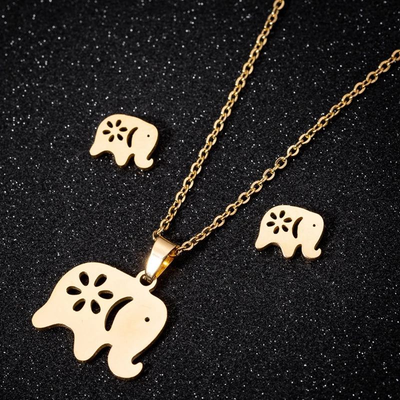 Trendy Silver 18K Gold Plated Tarnish Free Stainless Steel Woman Charm Elephant Earrings Necklace Jewelry Set