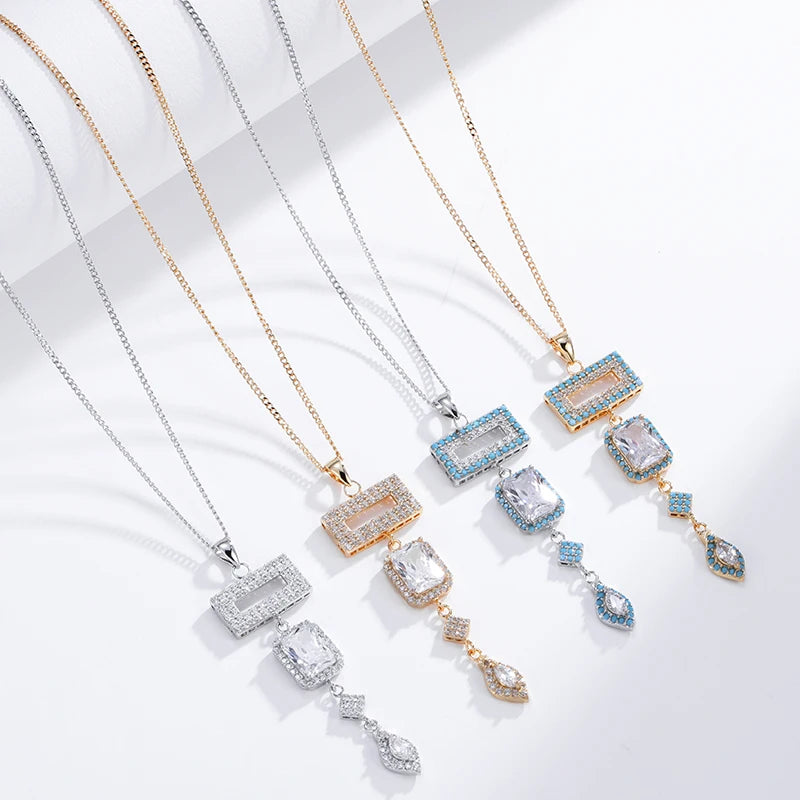 Chinese Factory Wholesale Women Luxury Jewelry AAA Cubic Zircon Drop Necklace square Zircon Necklace Long Pendant Necklace