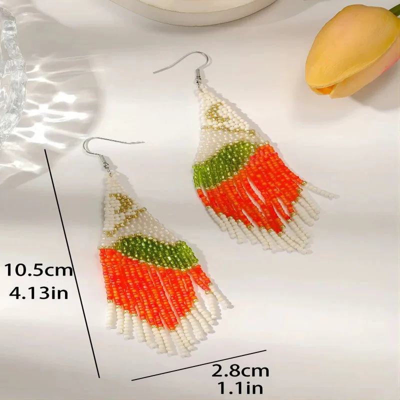 Simple Bohemian Ethnic Style Miyuki Seed Bead Woven Long Geometric Fan-shaped Tassel Earrings