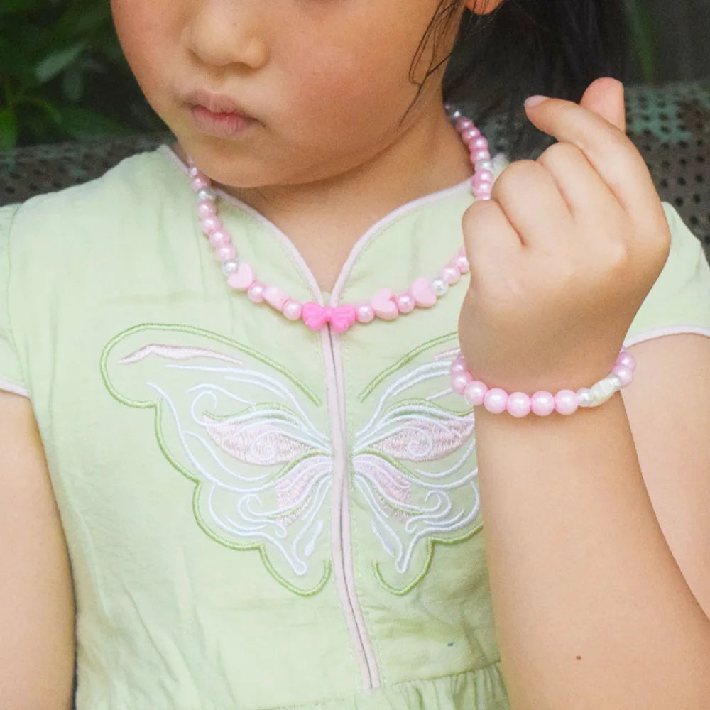 pink Acrylic Beads Beaded Little Toddler Girls' Kids Children butterfly Bowknot Necklace and Bracelet Set Accessories Jewelry