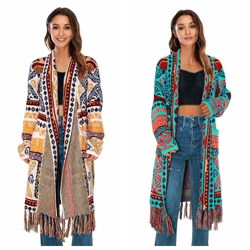 Women Vintage Jacquard Long Sleeves Elegant Slant Neck Loose Tassel Bohemian Autumn Long Cardigan