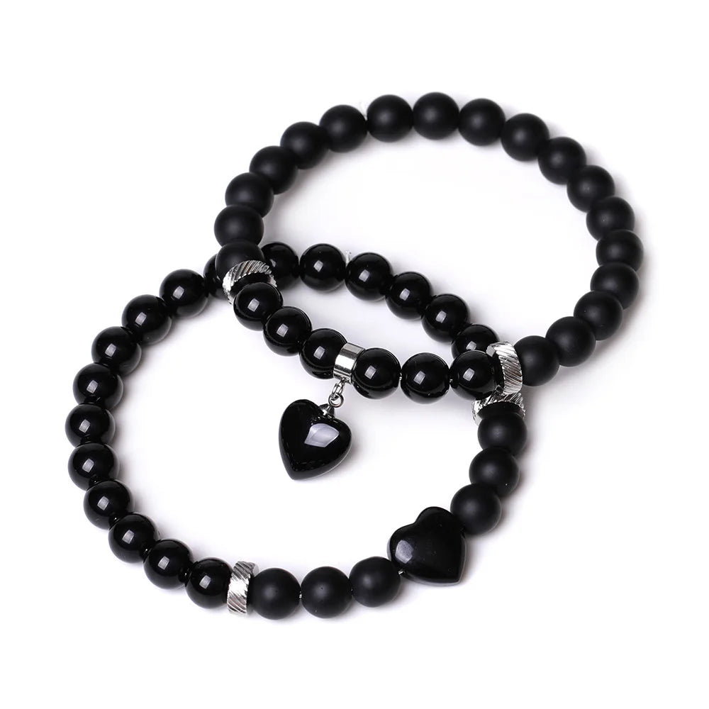 2PCS 8MM Black Onyx Mood Heart Charm Bracelet Handmade Beads Natural Stone Bracelets Inspirational Words Spiritual Bracelet Set