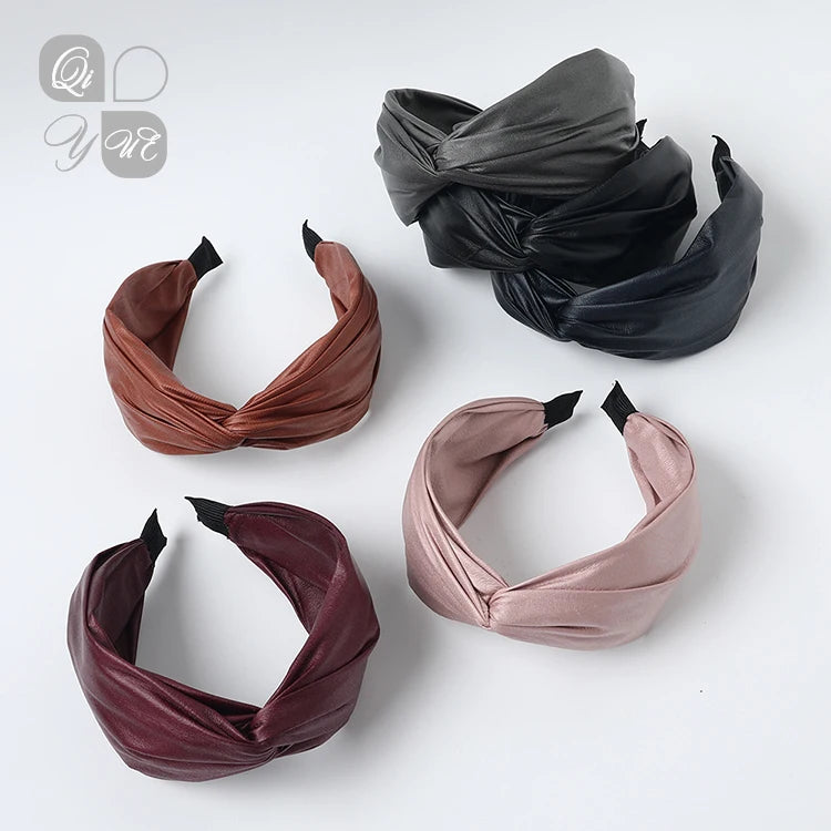 QIYUE Wholesale Fashion Accessories Elastic Fashion Solid Color BowKnot PU Leather Plastic Headband
