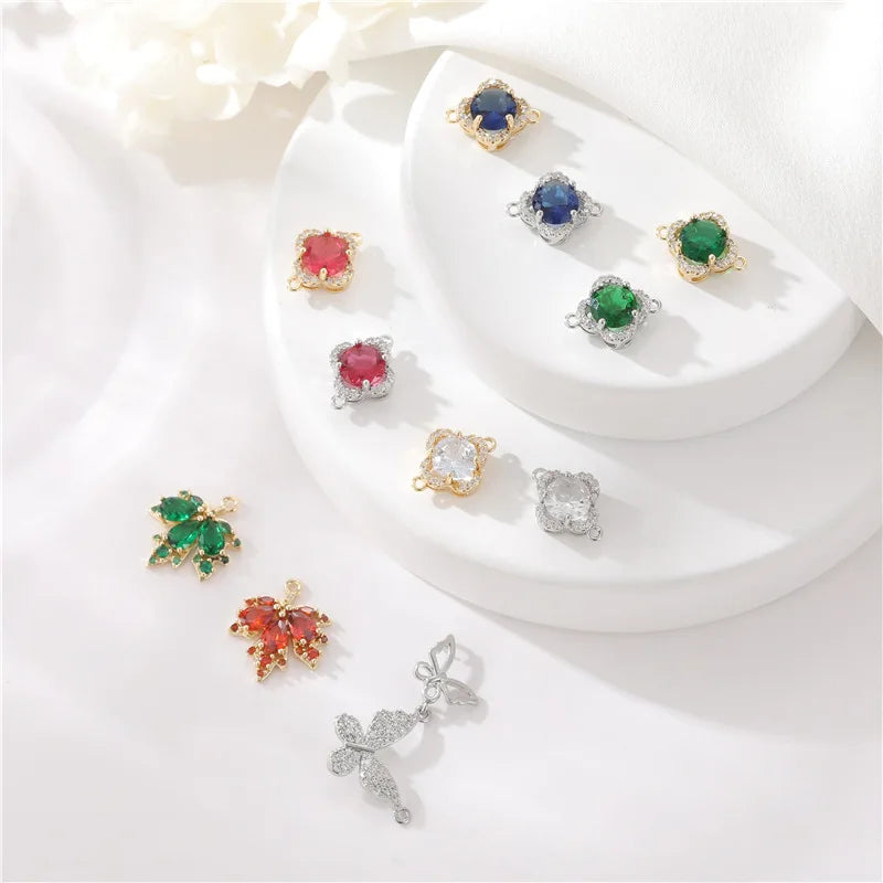Trendy Maple Leaves Clover Butterfly Design 14K Gold Plated Zircon Jewelry Connector Two Rings Charms for Jewelry Making