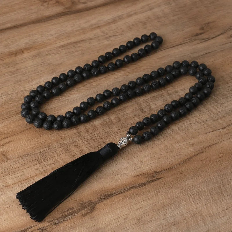 Dainty 108 Japamala Necklaces for Men Jewelry Handmade Knotted Tassel Pendant Essential Oil Lava Rock Beaded Necklace