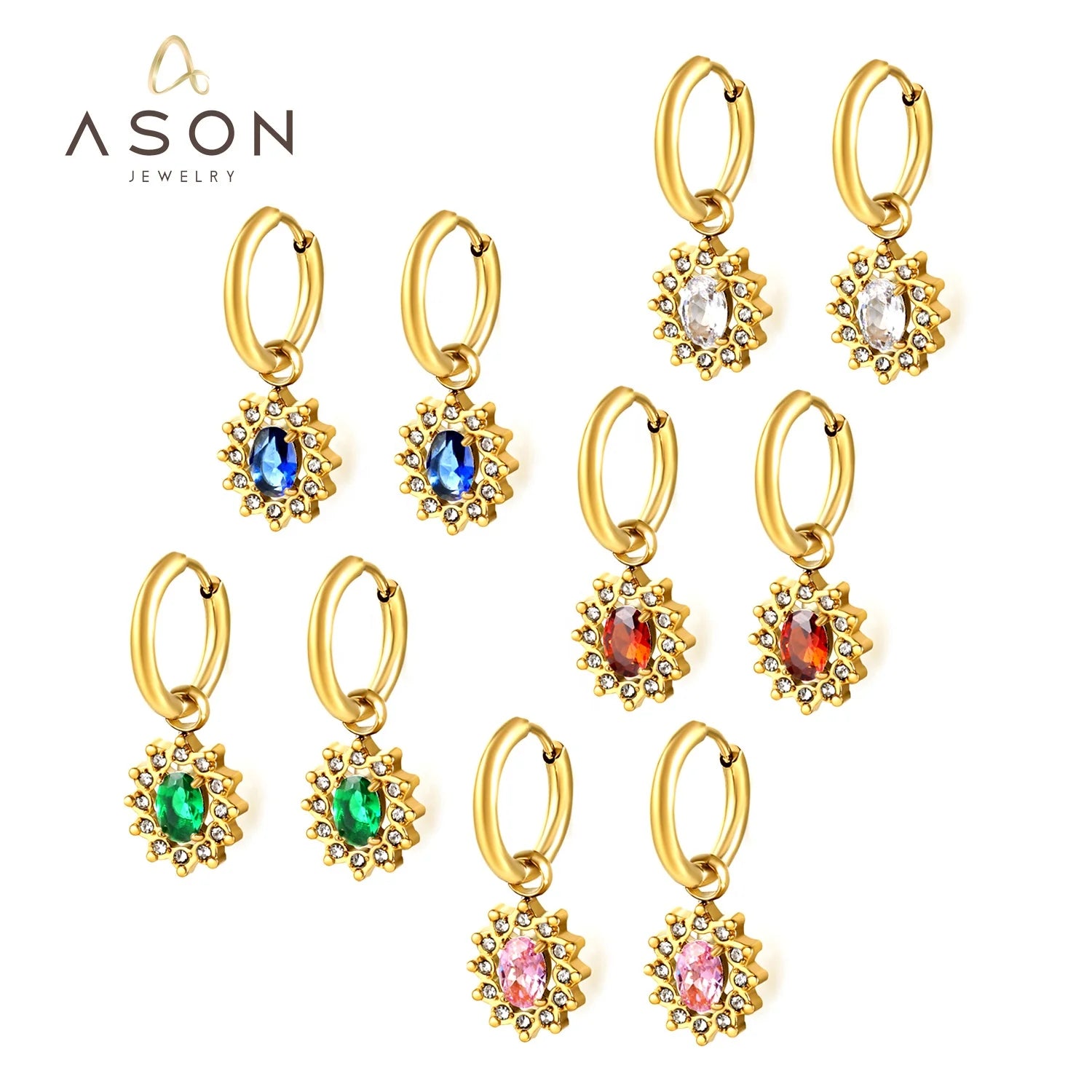 Ason Fashion Jewelry Trendy Star Gemstone Zircon Drop Stainless Steel Earrings Simple Gold Hoop Women Earrings for Girls Kids