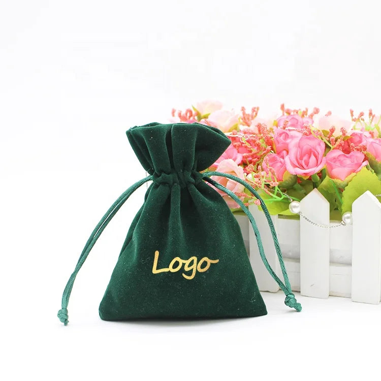 Custom Logo Recyclable Christmas Velvet Drawstring Pouches Screen Printing OEM Promotional Gifts Green Small Bags Jewelry