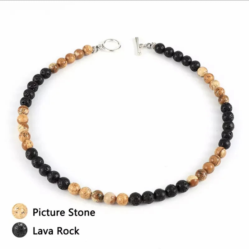 Fashion Men Jewelry 8MM Beaded Lava Stone Necklace Stainless Steel OT Buckle Natural Lapis Lazuli Stone Beads Men Necklace
