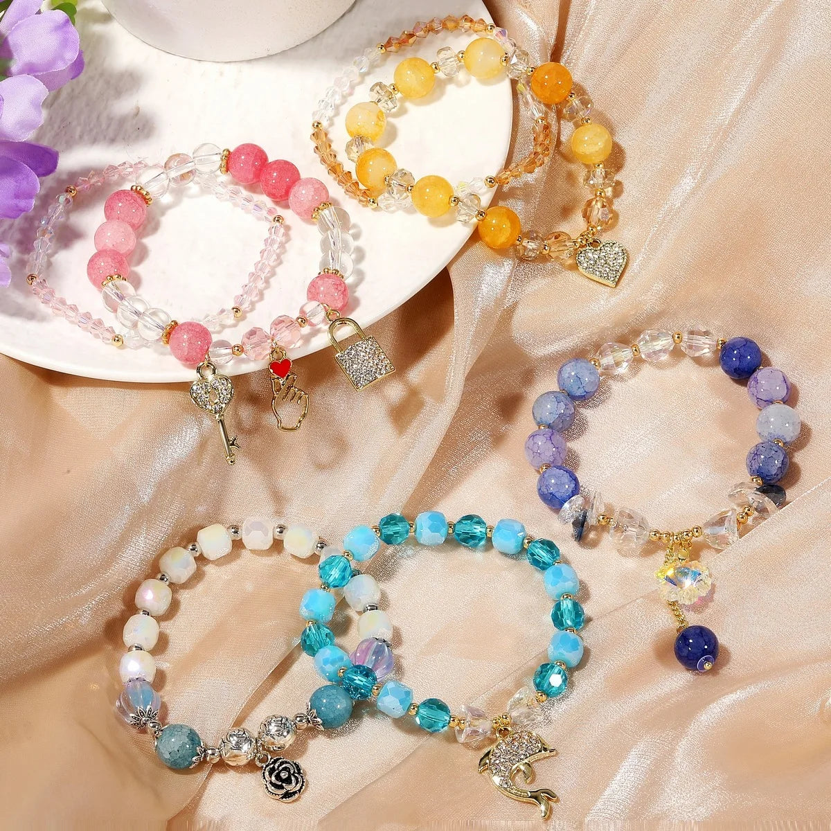 JC Crystal Wholesale Fashion Colorful Crystal Beaded Bracelet Handmade Elastic Rope Charms for Girls Bracelets