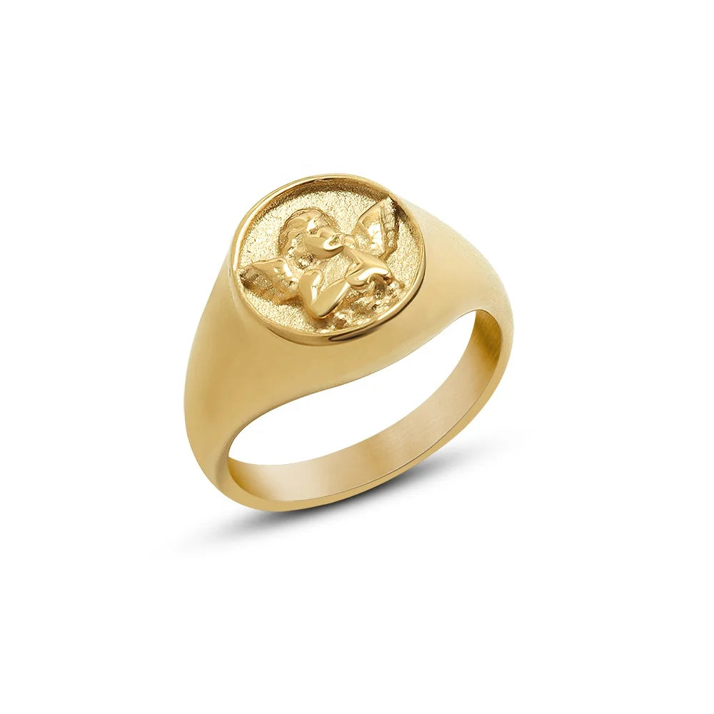 Ins Style Personality Angel Women's Engagement Bands Index Finger Ring Stainless Steel 18K Gold Plated Factory Wholesale Price