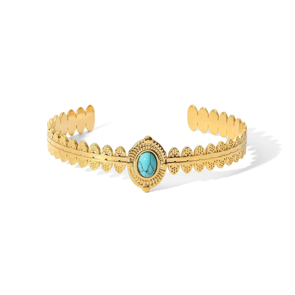 2022Fashion Women Waterproof Vintage Boho Hawaii Jewelry Stainless Steel Big Gemstone Turquoise Cuff Bangle Bracelet Gold Plated