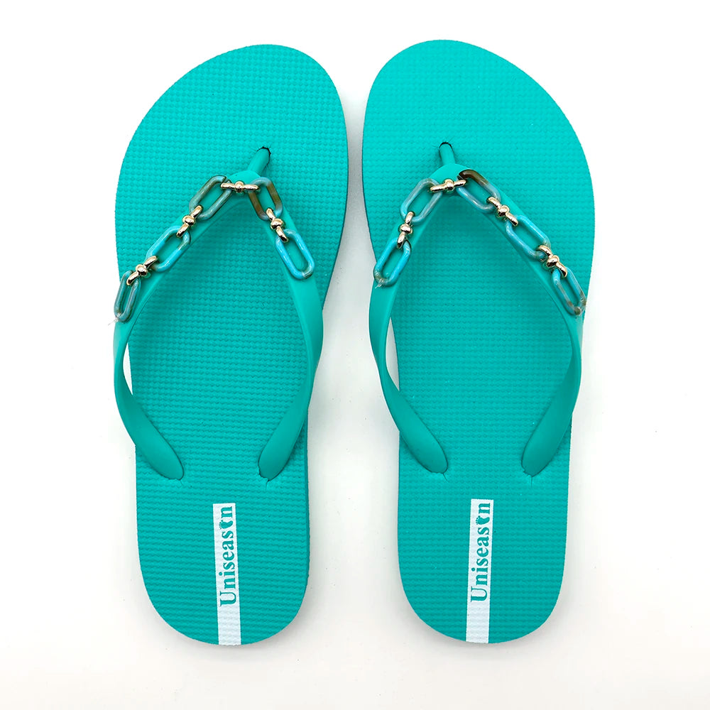 Women's Lightweight Flat Flip Flops Summer Fashionable PVC Beach Pool Sandals Metal Buckle Decorated Rubber Beach Shoes Metal