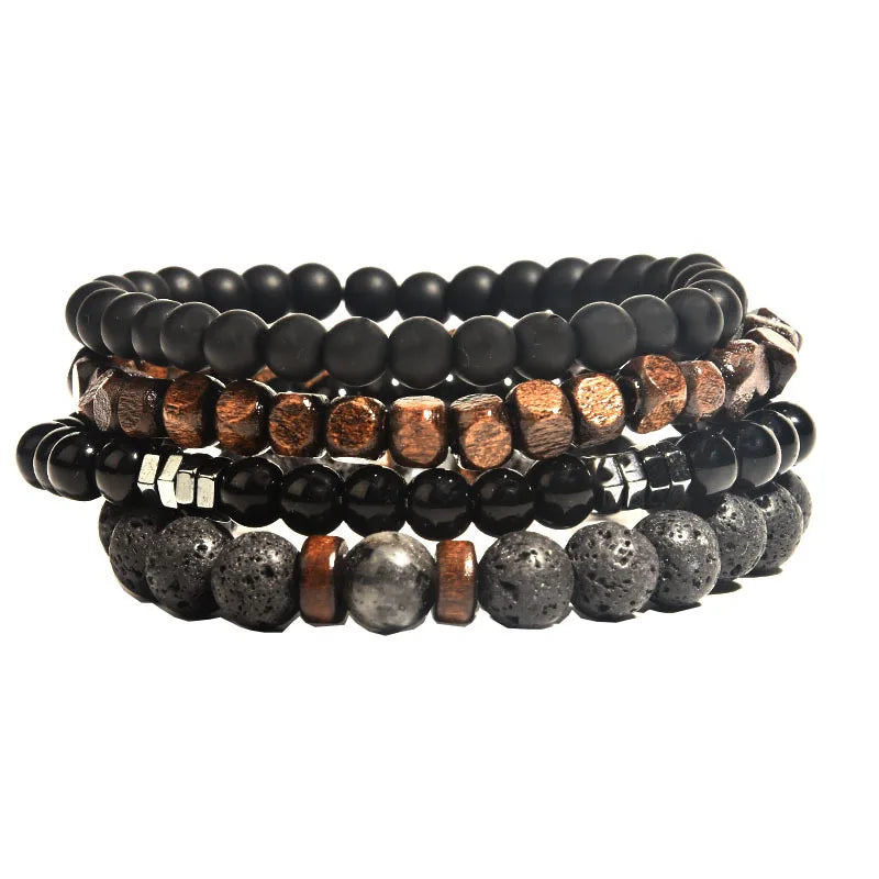 Natural Stone Beaded Bracelet Set Polished Volcanic Stone Black Agate Square Wood Bead Bracelet