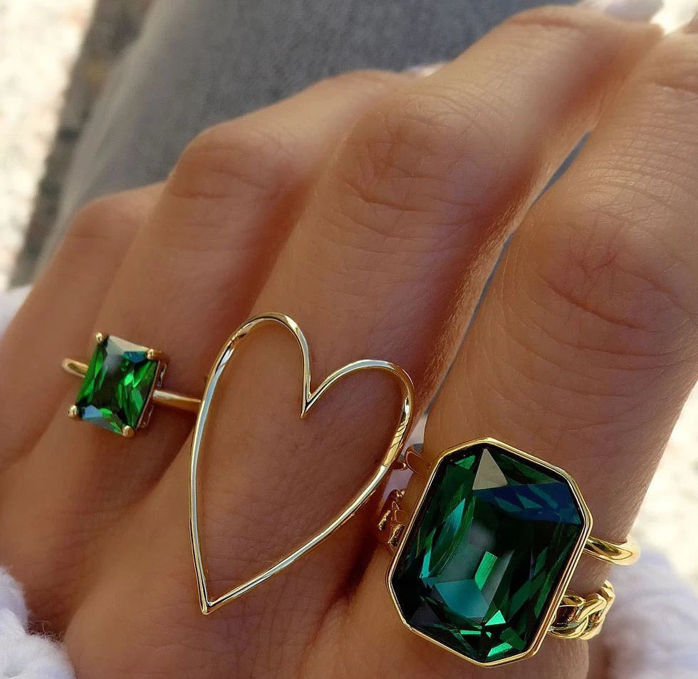 VKME Fashion Geometric Heart Shape Creen Zircon Ring Set for Women Jewelry