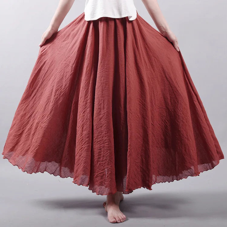 OEM/ODM Women's Casual Summer A-Line Pleated Hemp Elastic High Waist Solid Maxi Long Women's Skirts